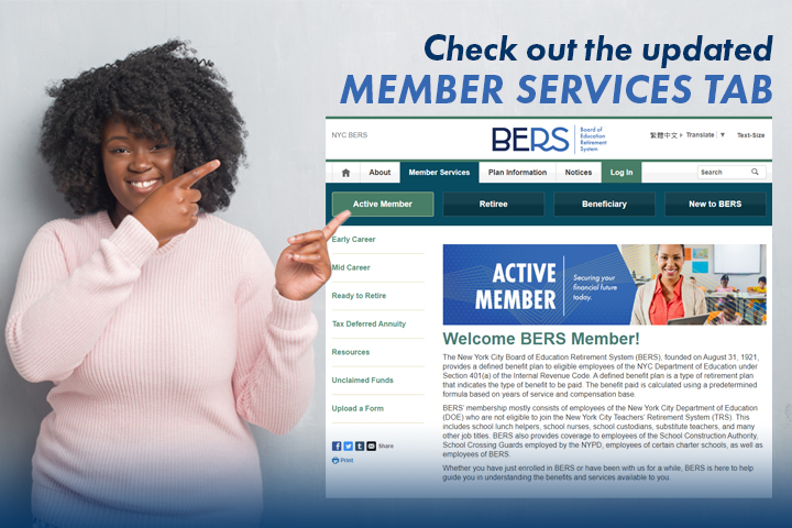 A smiling young woman pointing to the BERS Active Member web page.
                                           